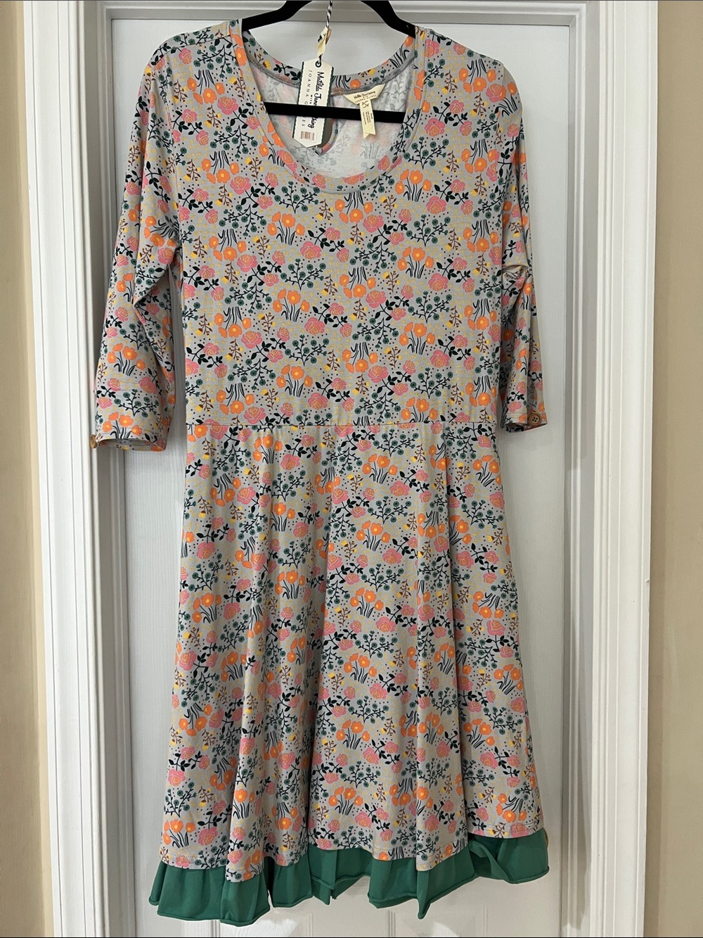 Matilda Jane Grey Floral Midi Dress with Orange & Pink Accents